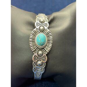 Silver tone Cuff Bracelet faux Blue Turquoise Western boho Engraving paparazzi